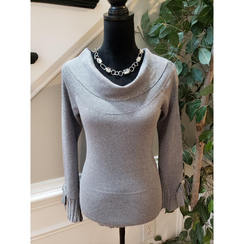 New York & Company Sweater Women Medium Ribbed Metallic Gray Bow Sleeve Pullover